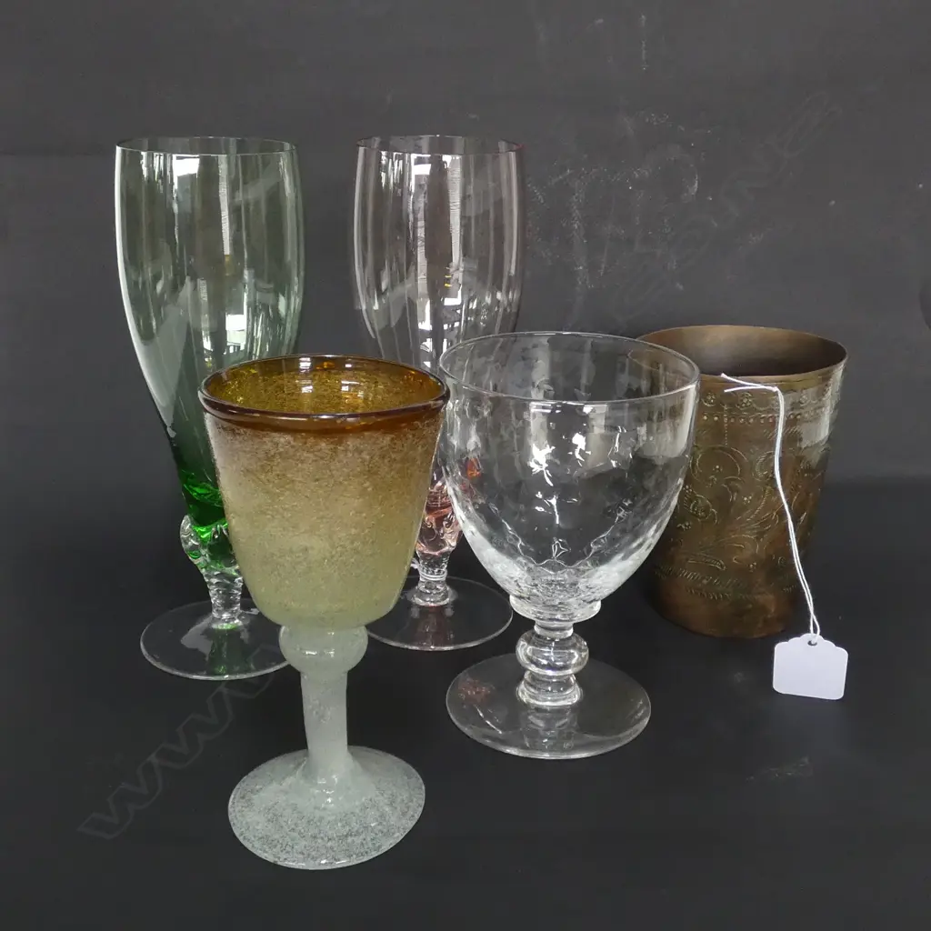 ASSORTED WINE GLASSES AND A BRASS BEAKER Image 1++