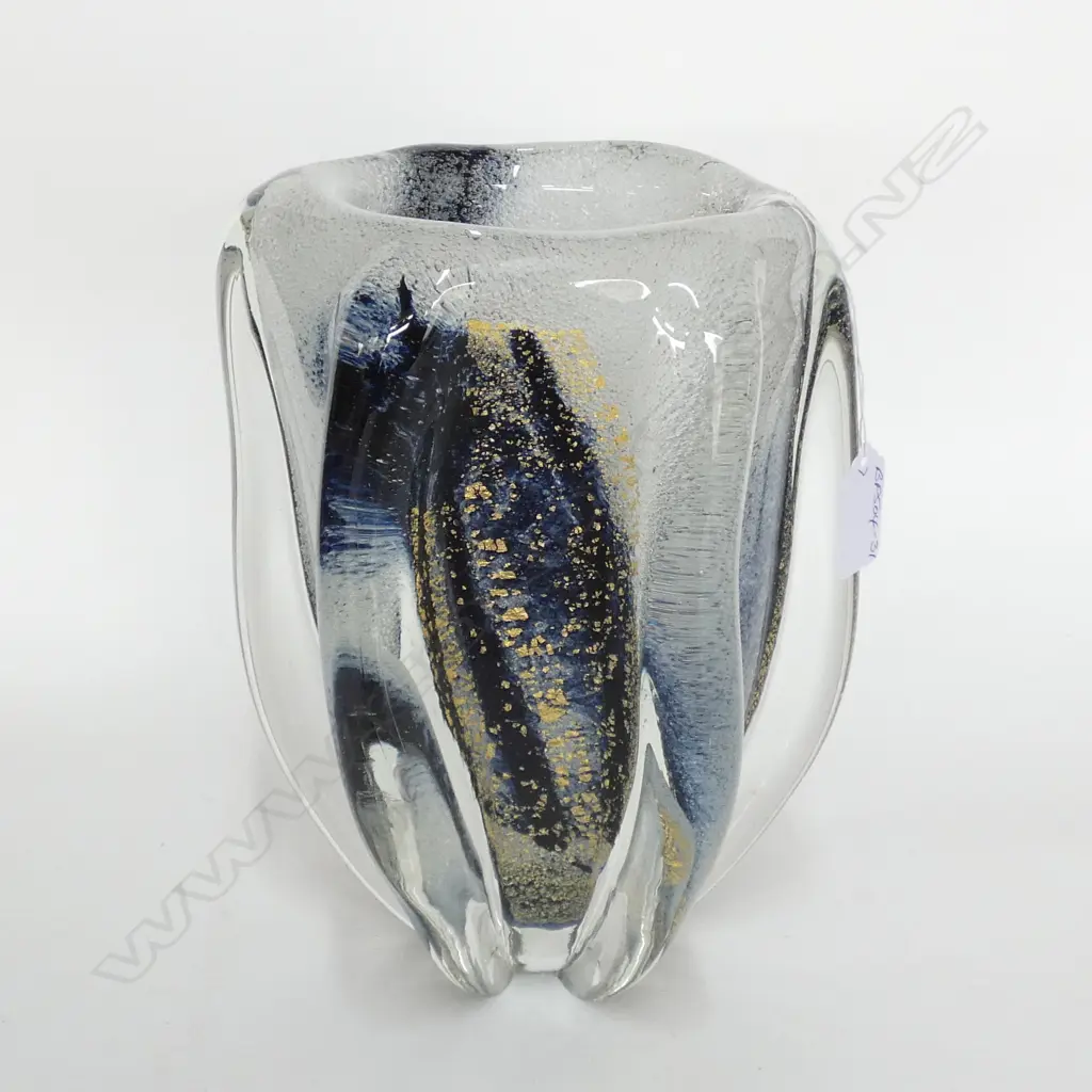 RETRO ART GLASS VASE CLEAR RIBS WHITE BLACK BLUE... Image 1++