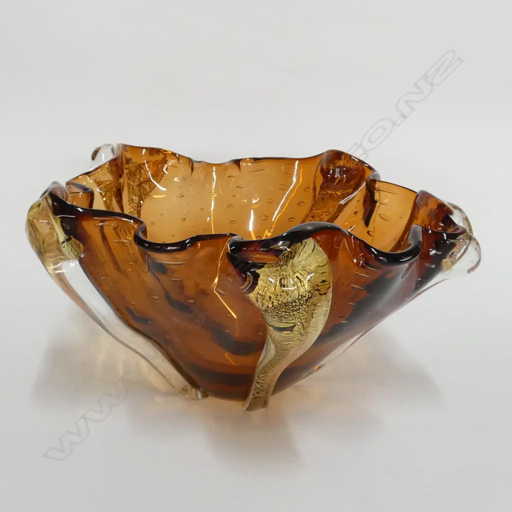 RETRO ART GLASS FRILLED BOWL AMBER & CLEAR... Image 1++