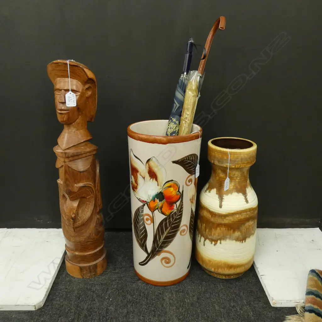 ITALIAN UMBRELLA STAND, RETRO AUSTRIAN VASE, CARVED WOODEN FIGURE H. 620MM Image 1++