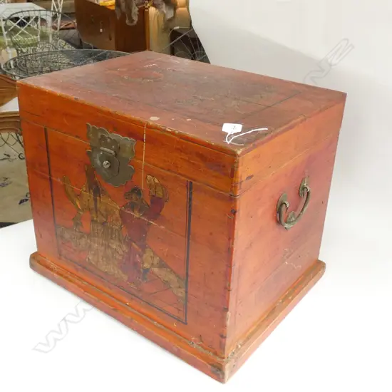 CHINESE FIR WOOD SMALL CHEST w PAINTED DECORATION 43 x 42 x 30cm