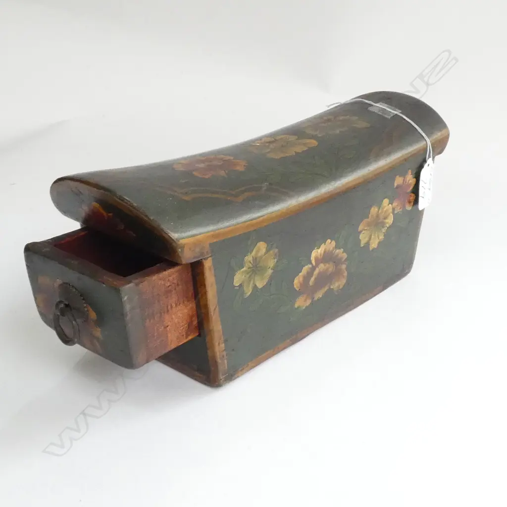 OLD CHINESE PAINTED WOOD PILLOW W DRAWER Image 1++