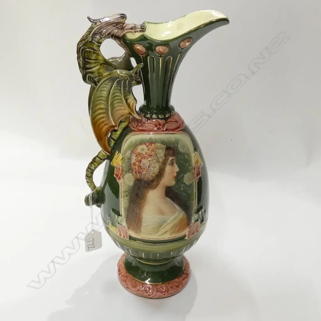 VIENNESE SECCESSIONIST CERAMIC EWER WITH PORTRAIT PANEL & DRAGON HANDLE. H.370mm Image 1++