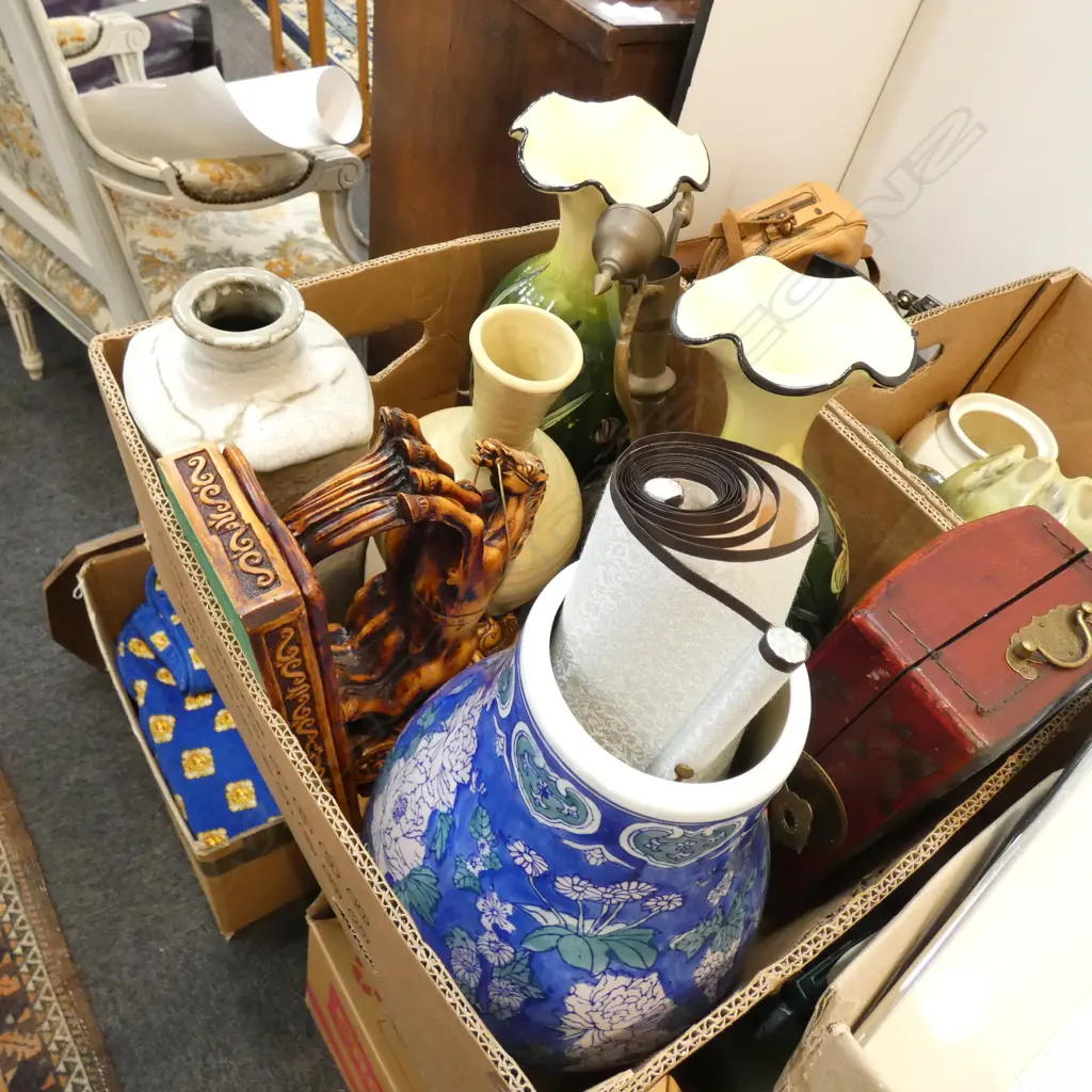 BOX LOT ASST CERAMIC VASES, RESIN CHARIOT, RED BOX & SCROLL  Image 1++