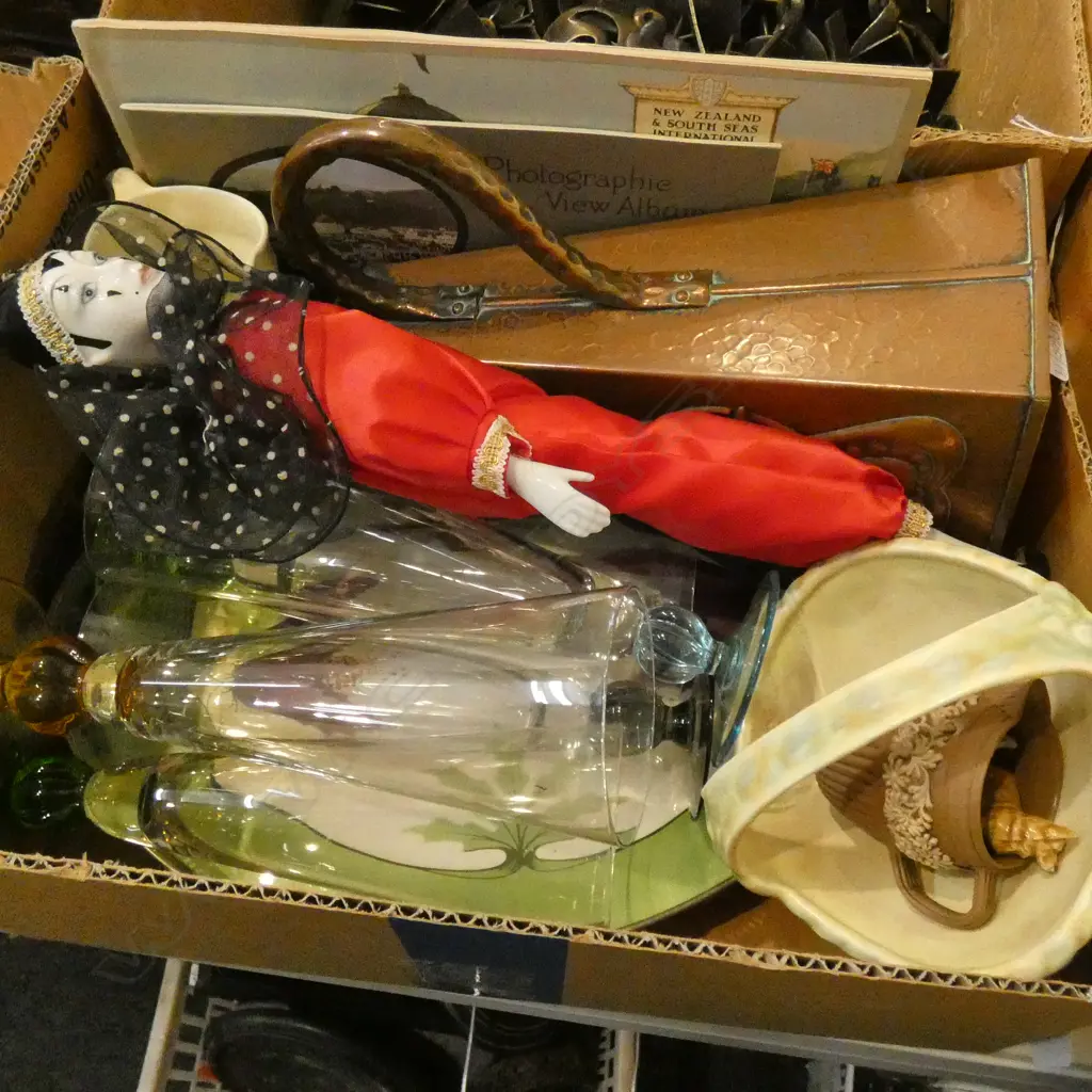 BOX LOT COPPER JUG, 2 SOUTH SEAS EXHIBITION BOOKLETS, TRAY ETC Image 1++