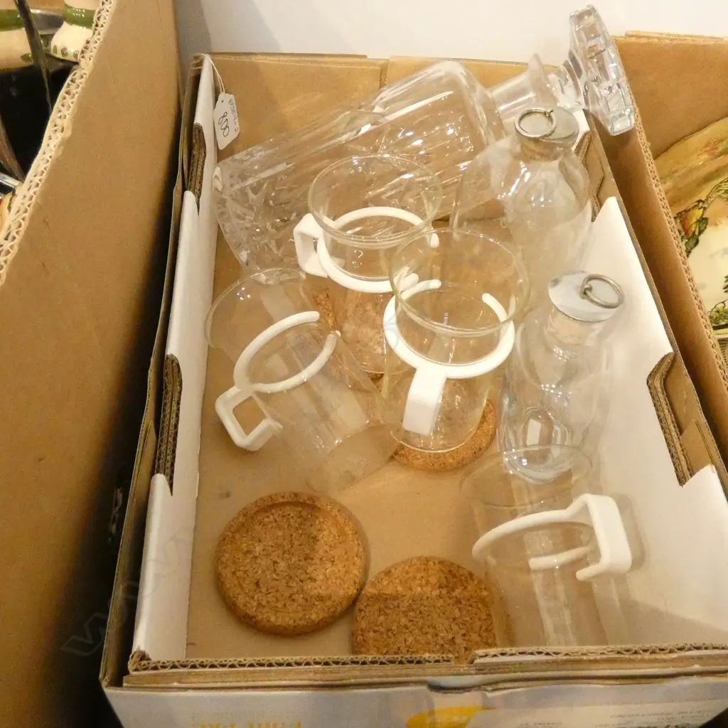 BOX LOT ASST. DECANTER, TWO BOTTLES AND 4 BODUM CUPS & COASTERS  Image 1++