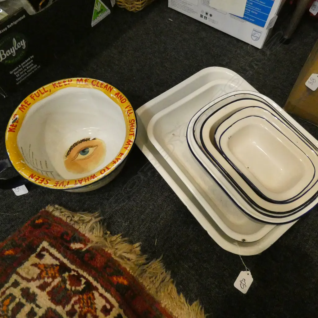 7 ENAMEL BAKING TRAYS & DECORATED POTTY Image 1++
