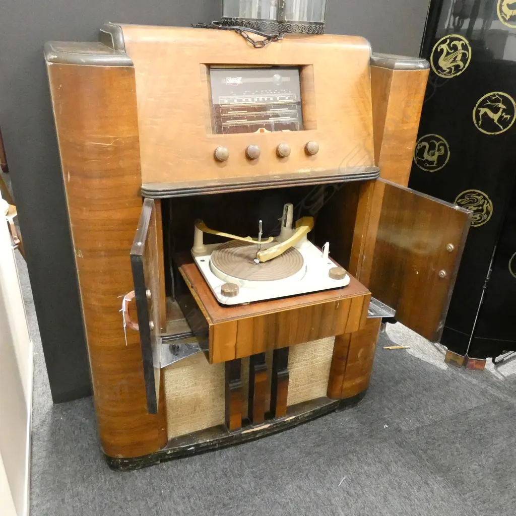 ART DECO ENTERTAINMENT UNIT RADIO & RECORD PLAYER H. 1110MM Image 1++