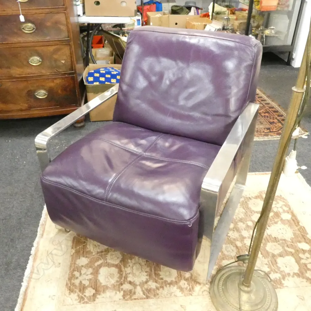 MILO BAUGHAM STYLE BAR STEEL FRAMED LOUNGE CHAIR PURPLE LEATHER Image 1++