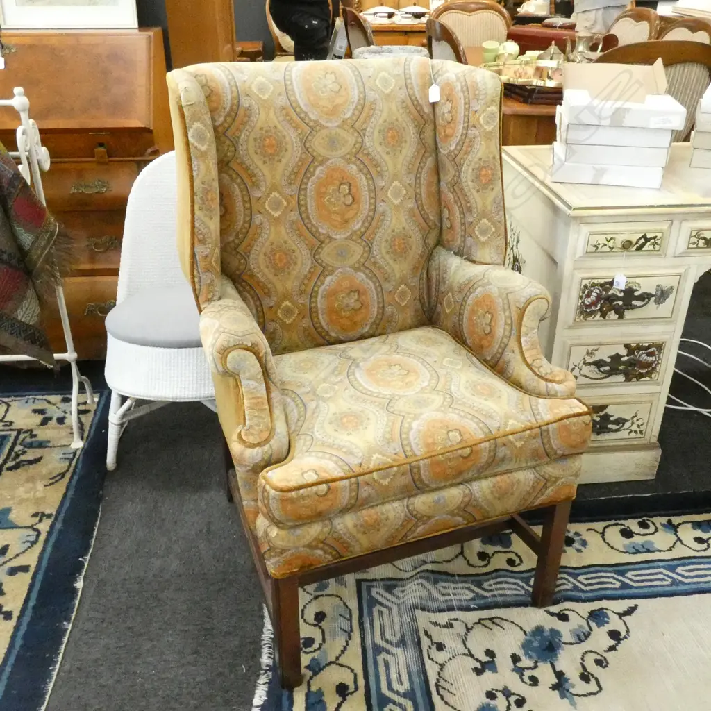 2 HENREDON VELVET PATTERNED WING BACK ARMCHAIRS Image 1++