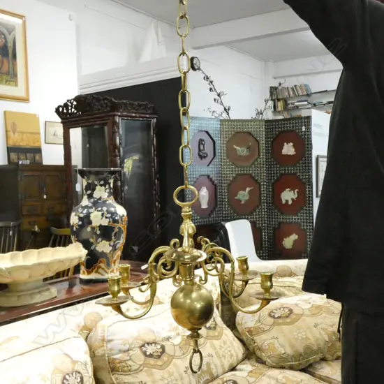 6 ARM DUTCH STYLE BRASS LIGHT FITTING 440MM DIA H. 390MM
