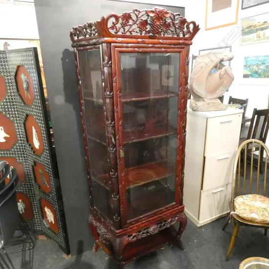 PR CARVED CHINESE ROSEWOOD DISPLAY CABINETS 3 SHELVES EACH H. 1960MM