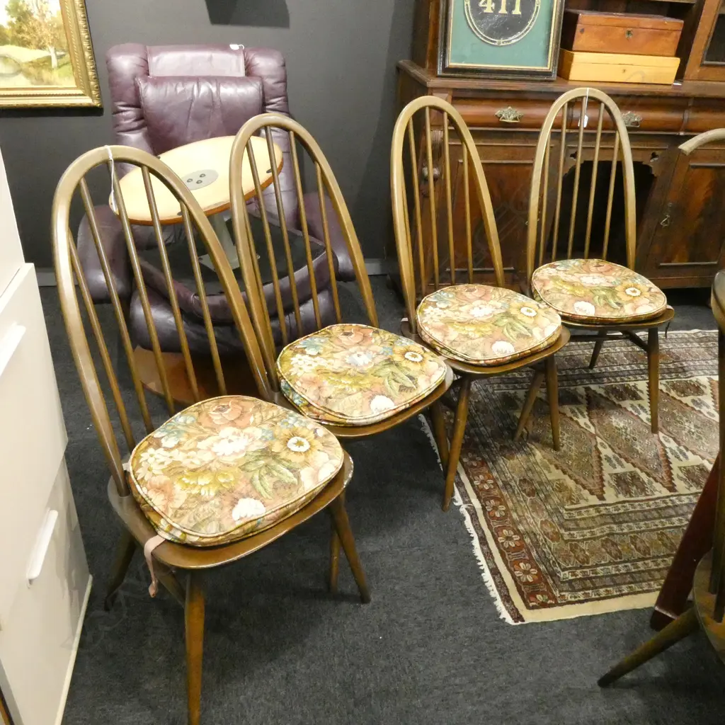 4 ERCOL ROUND BACK DINING CHAIRS H. 965MM WITH CUSHIONS Image 1++