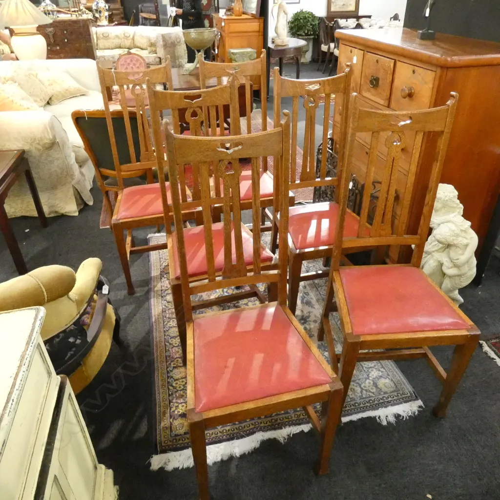 6 OAK ARTS AND CRAFTS DINING CHAIRS Image 1++