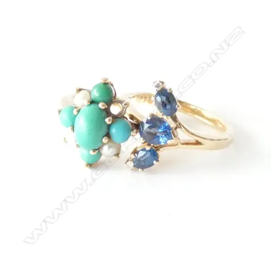 2 RINGS; 14CT GOLD & 3 BLUE STONES + 9CT TURQUOISE & SEED PEARL (ONE PEARL MISSING)