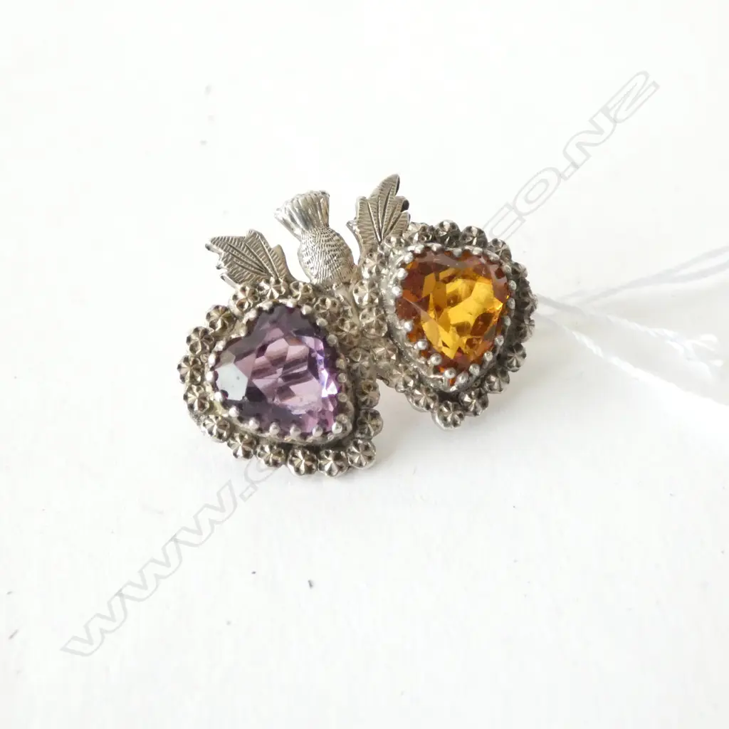 SILVER SCOTTISH THISTLE DBLE HEART BROOCH - CHARLES HORNER Image 1++