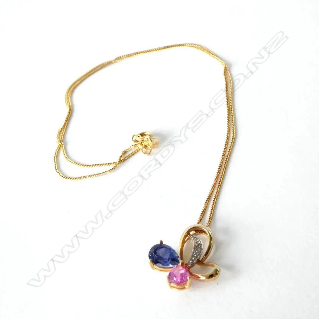9CT PINK & BLUE PEAR SHAPED STONES WITH GOLD PLATED CHAIN Image 1++