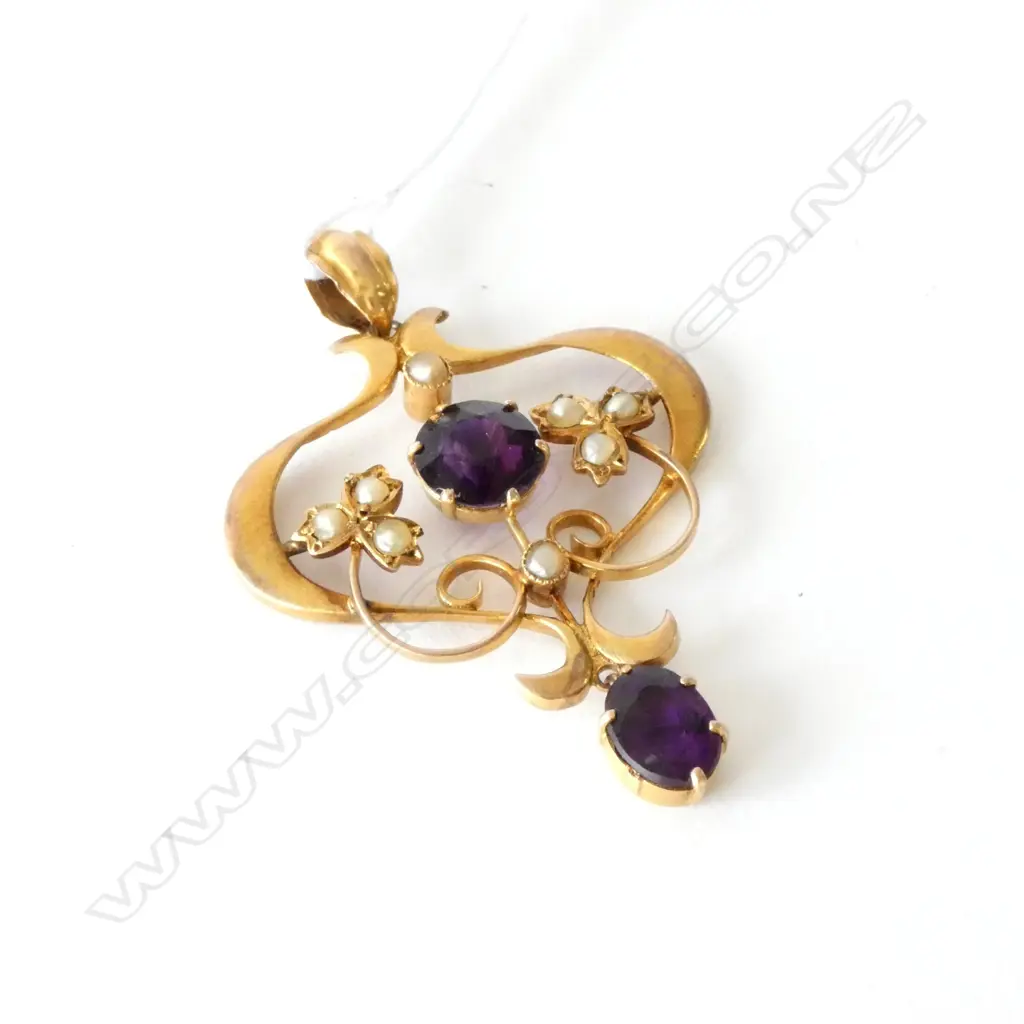 9CT EDW NOUVEAU PENDANT (FAUX ALEXANDERITES? & SEED PEARLS) Image 1++