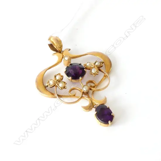9CT EDW NOUVEAU PENDANT (FAUX ALEXANDERITES? & SEED PEARLS)