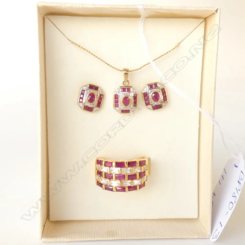 9CT RUBY AND DIA. PENDENT/EARRINGS, RG CHAIN & MATCHING SYNTHETIC STONE DRESS RING Image 1++