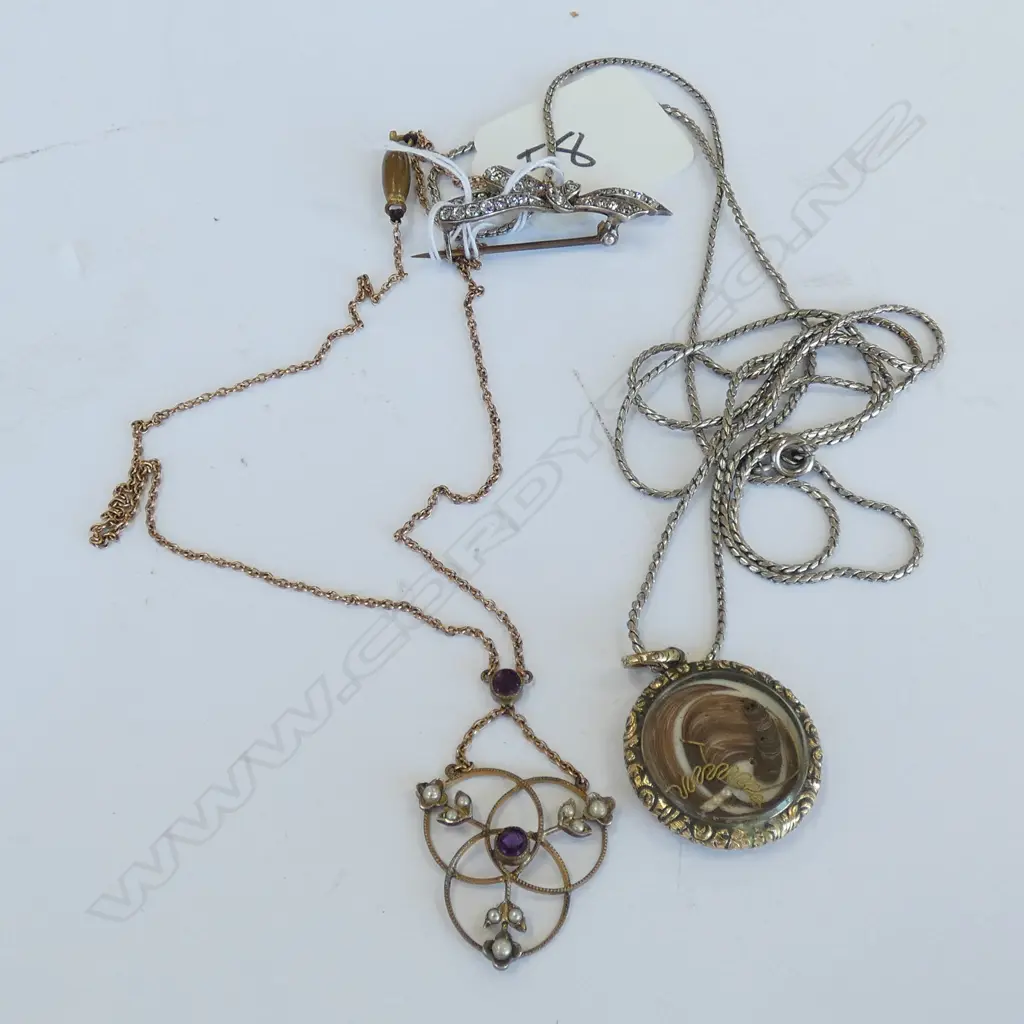 PINCHBECK MOURNING LOCKET, NOUVEAU PENDANT & SILVER BOW BROOCH w PASTE DIAMONDS Image 1++