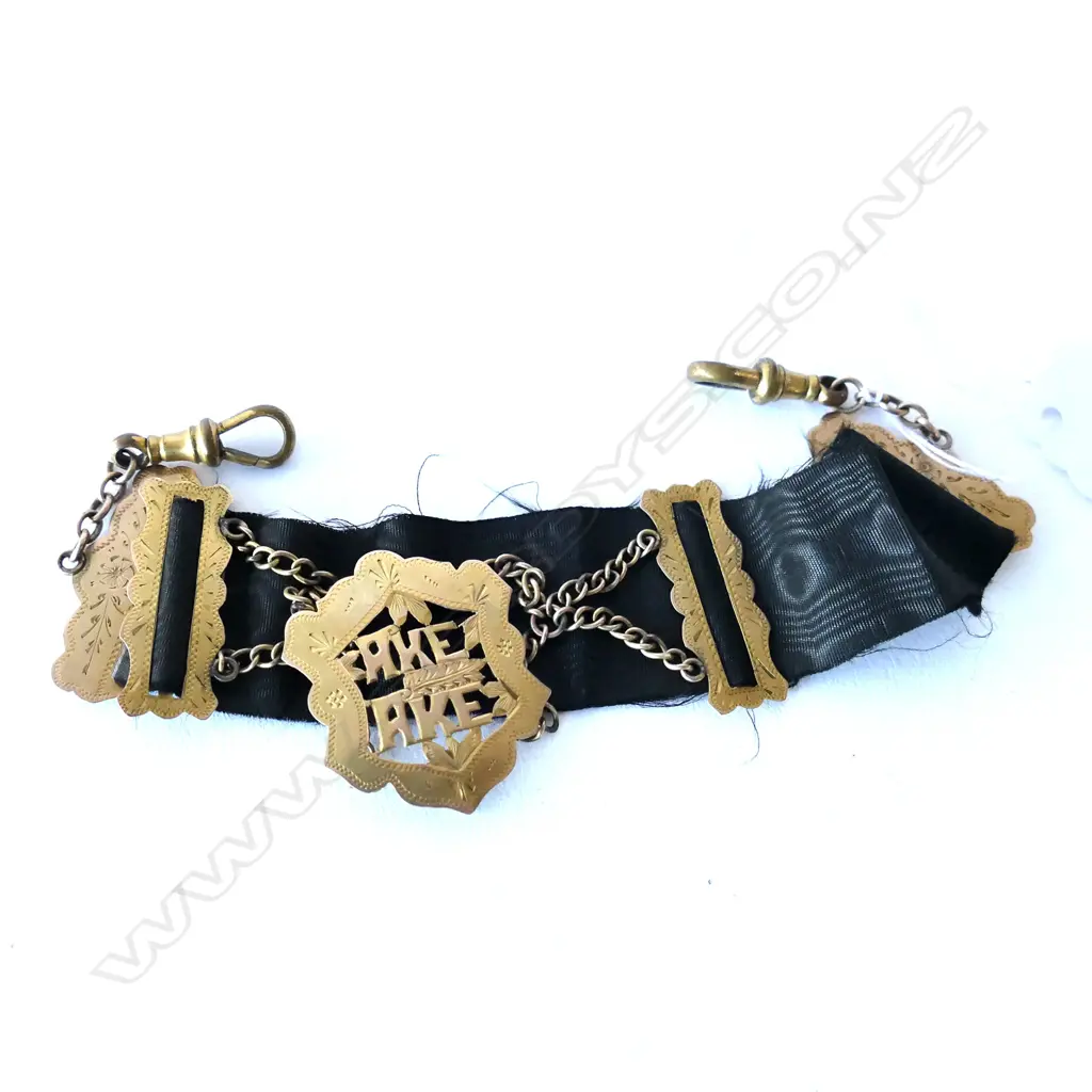 COLONIAL 9CT YELLOW GOLD AKE AKE FOB BLACK SILK RIBBON Image 1++