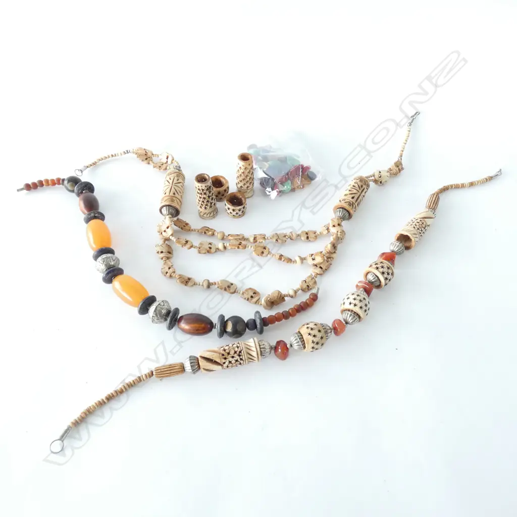 BAG OF CAMEL BONE BEADS & NECKLACES, CABOCHON CUT STONES Image 1++
