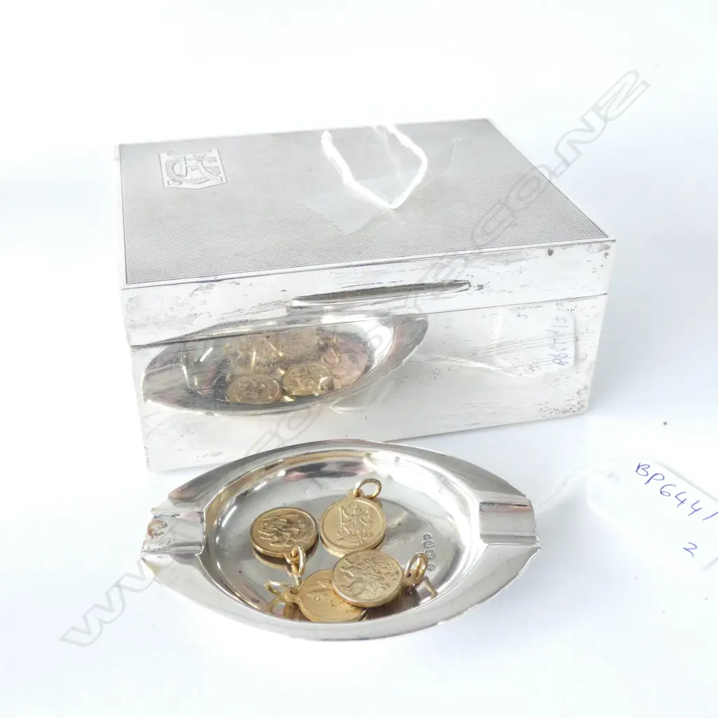 LINED STG SILVER CIGARETTE BOX LONDON 1936 + SMALL STG ASHTRAY  Image 1++