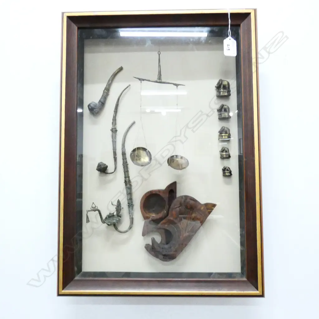 FRAMED COLLECTION ORIENTAL OPIUM WEIGHTS, PIPES, SCALE 535 X 380MM Image 1++