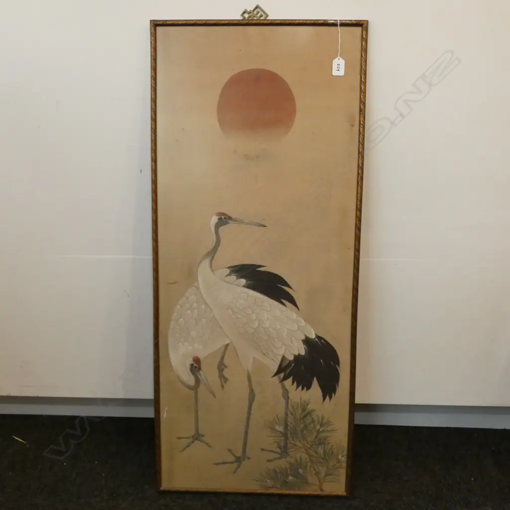 VINTAGE FRAMED SILK PAINTING MANCHURIAN CRANE 1035 X 435MM Image 1++