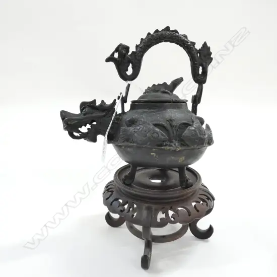 CHINESE CAST METAL DRAGON TEAPOT ON STAND H. 300MM