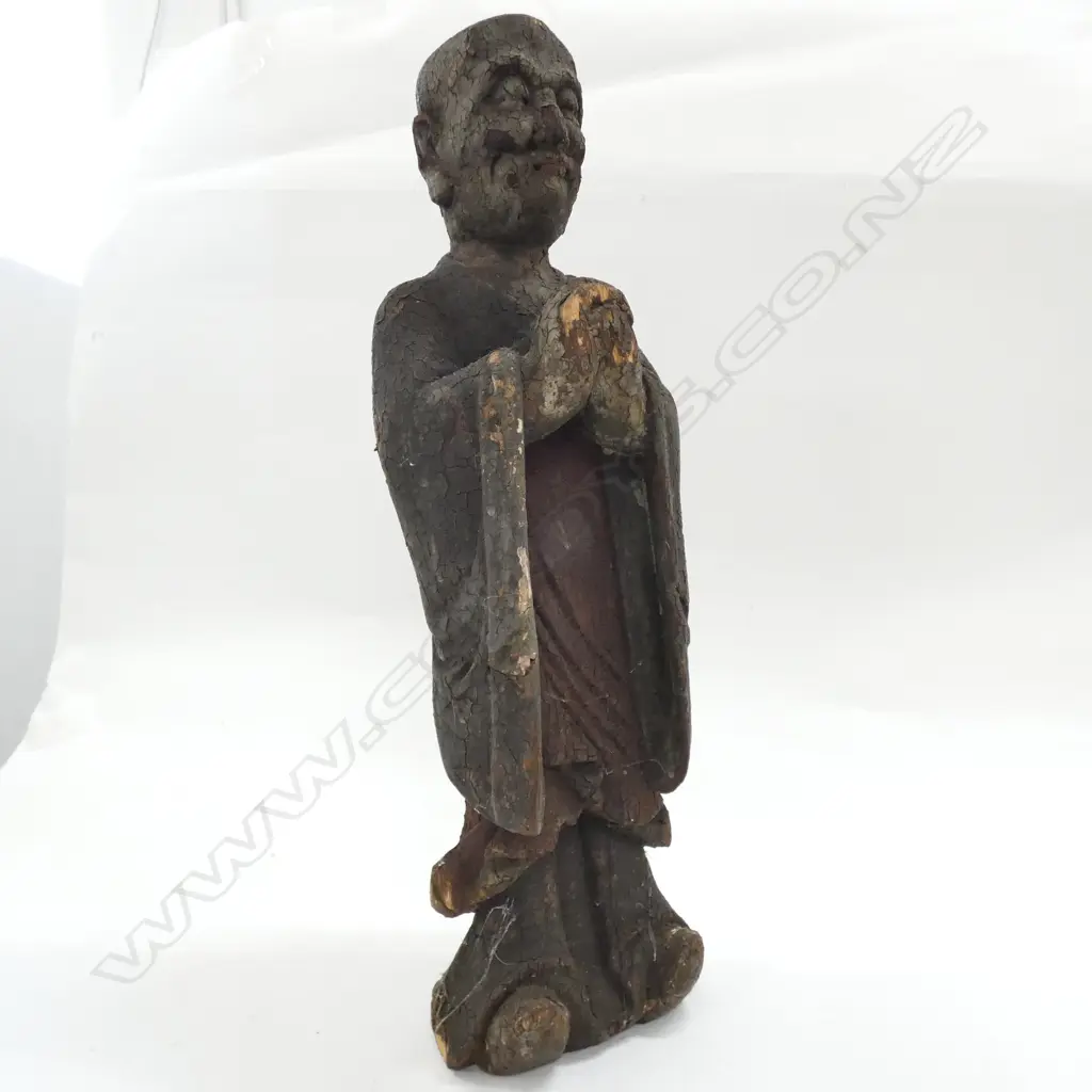 CARVED WOODEN ORIENTAL FIGURE DISTRESSED H. 550MM Image 1++