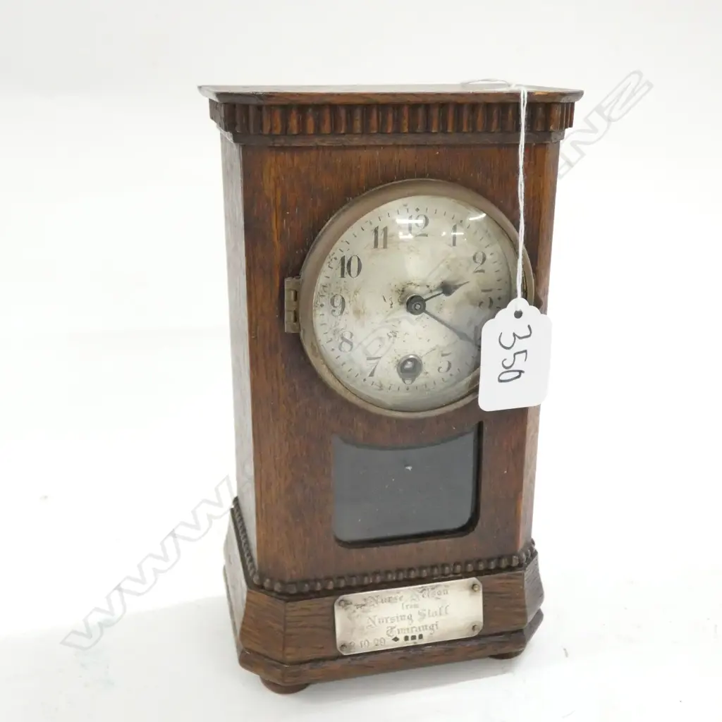 1920'S OAK CASED MANTLE CLOCK SILVER PLAQUE... Image 1++