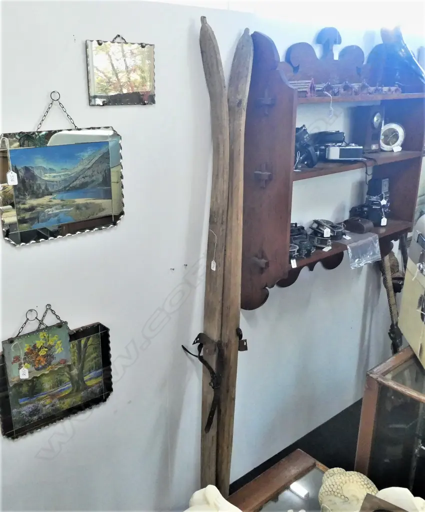 PR VINTAGE LONG WOODEN SKIS W PART BINDINGS  Image 1++