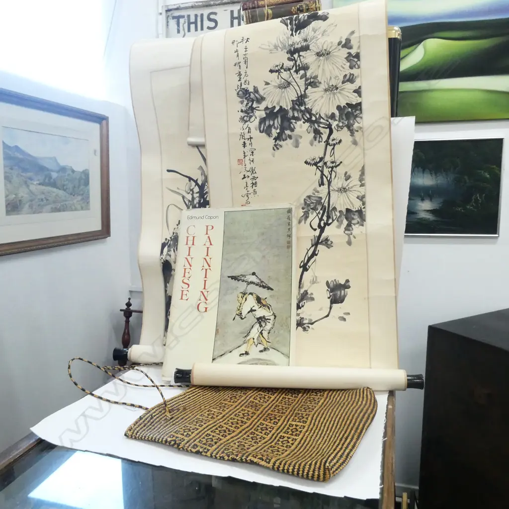 KETE BAG, BOOK ON CHINESE PAINTING & 2 SCROLLS  Image 1++