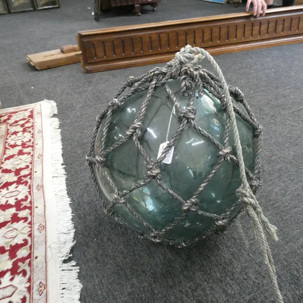 OLD LARGE GLASS FISHING FLOAT WITH NETTING Dia.350mm Image 1++