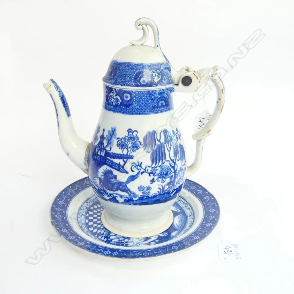 18thC B/W COFFEEPOT AND  18thC SOFT PASTE PLATE BOTH AF  Image 1++