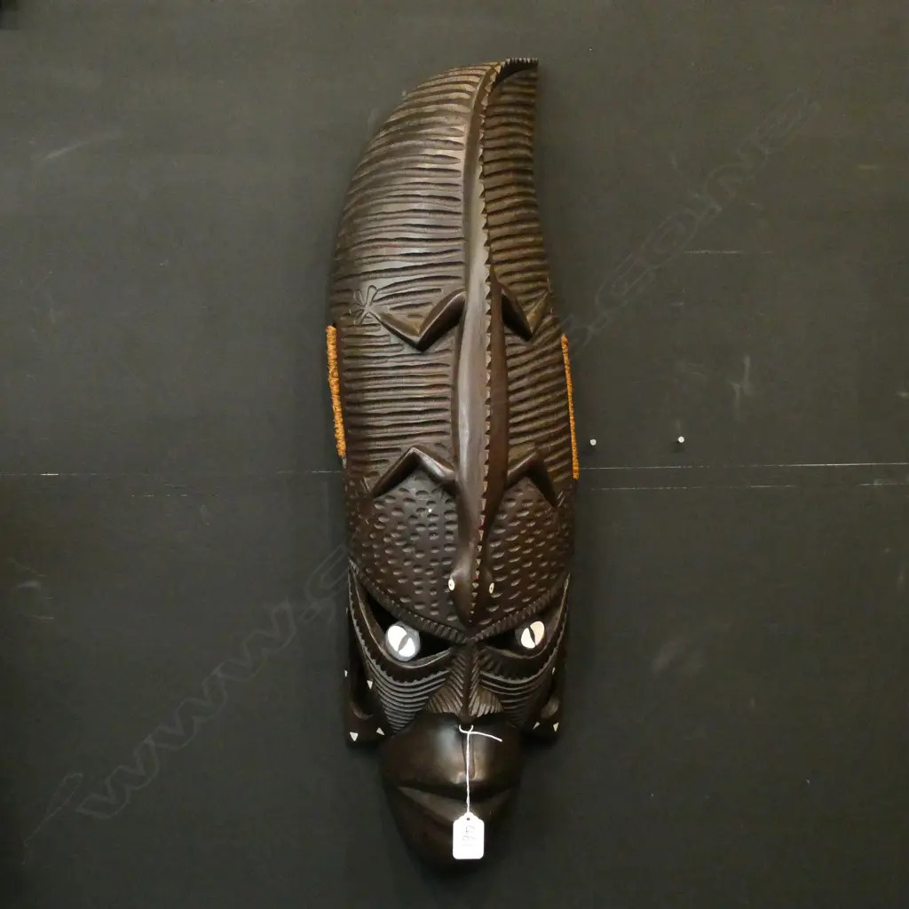 AFRICAN TRIBAL HARDWOOD MASK MOP INLAYS LIZARD TO TOP Image 1++