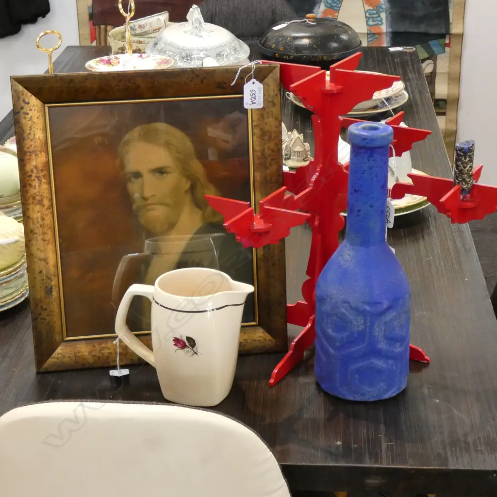 VINTAGE RELIGIOUS PRINT, RED CUT STEEL CANDELABRA, CROWN LYNN JUG & BLUE CERAMIC BOTTLE Image 1++
