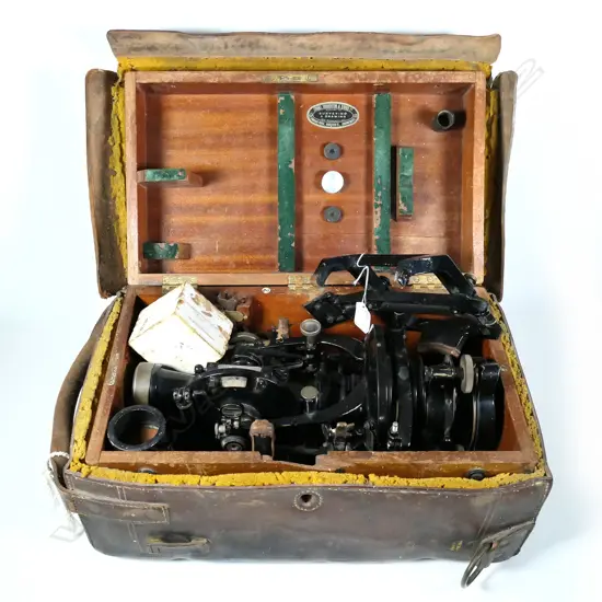 COOKE. TROUGHTON & SIMMS THEODOLITE IN BOX AND LEATHER CARRY BAG + OLD CAMERA LENS