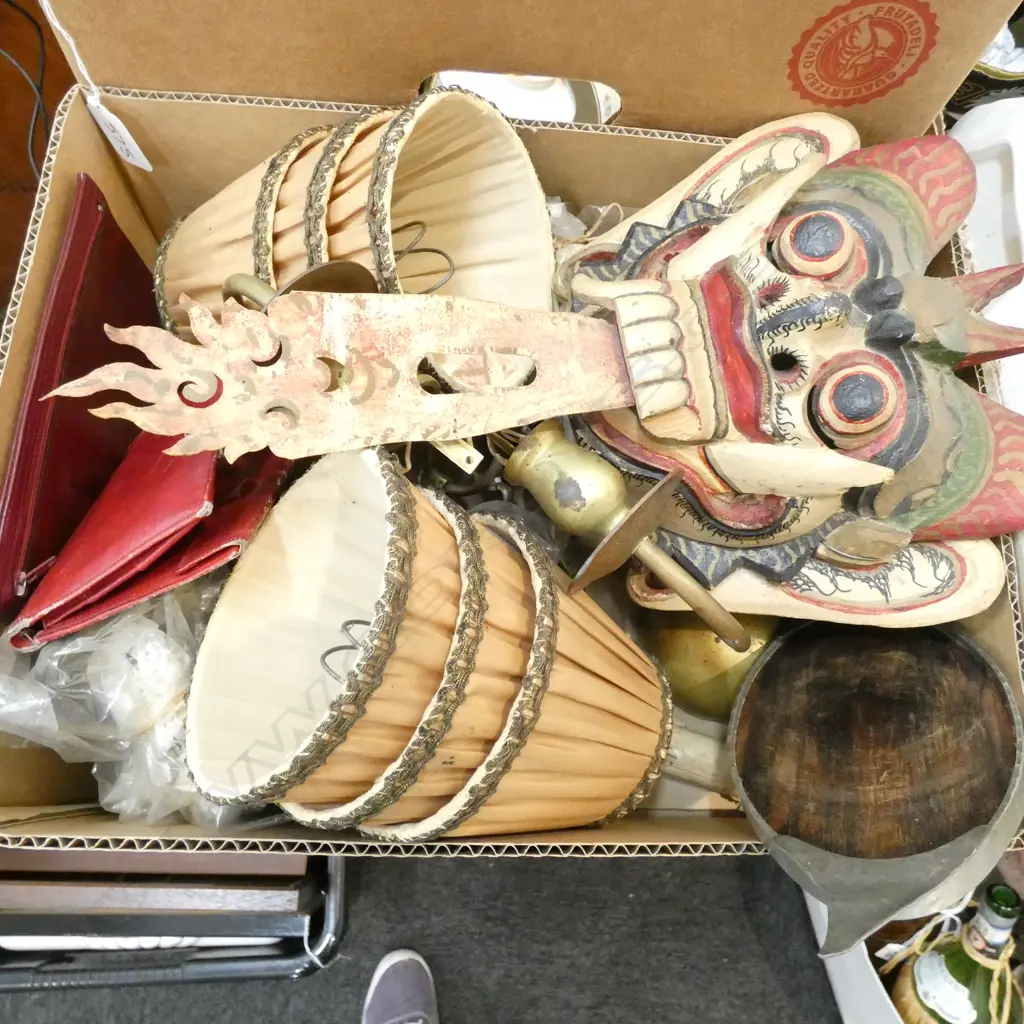 BOX LOT PR SCONCES, 3 WALLETS, INDONESIAN MASK ETC Image 1++
