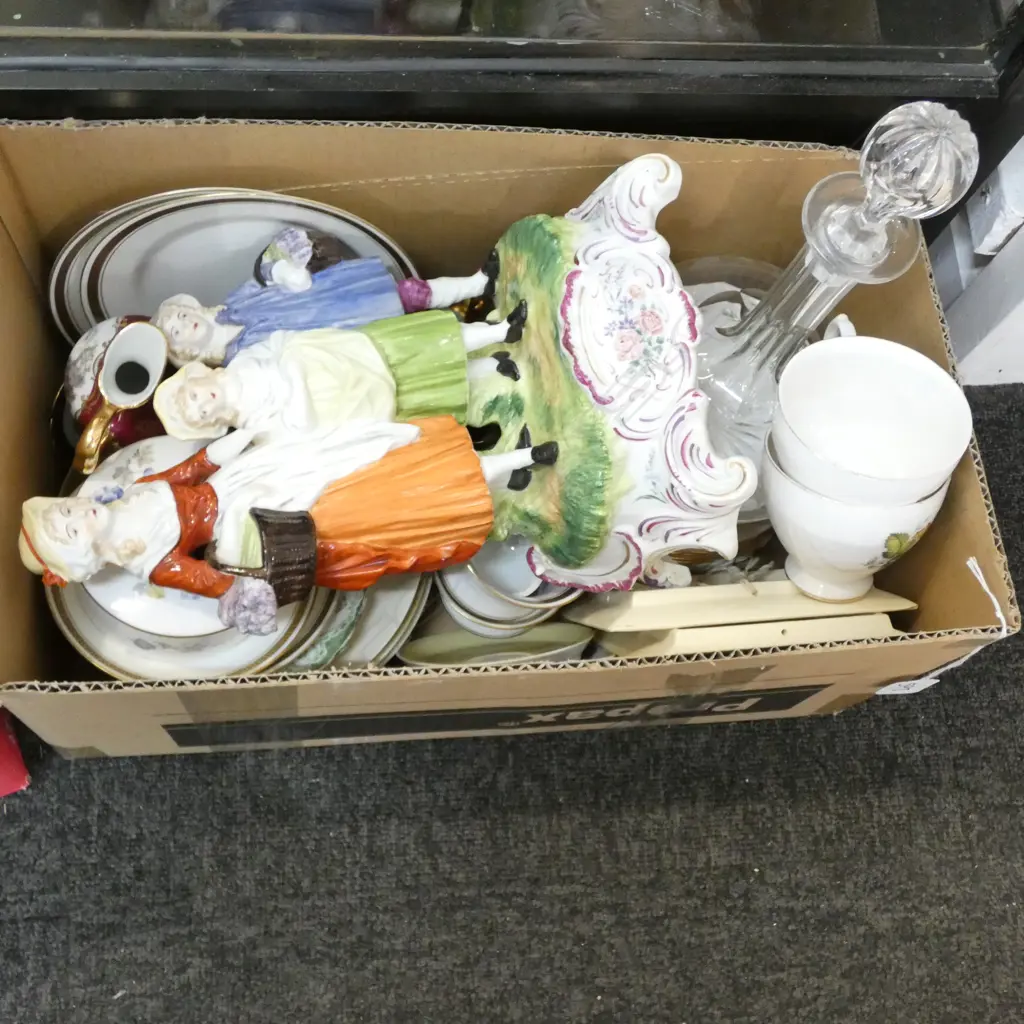 BOX LOT ASST. CERAMICS; LIMOGES, R/COPENHAGEN, DECANTER, ETC Image 1++