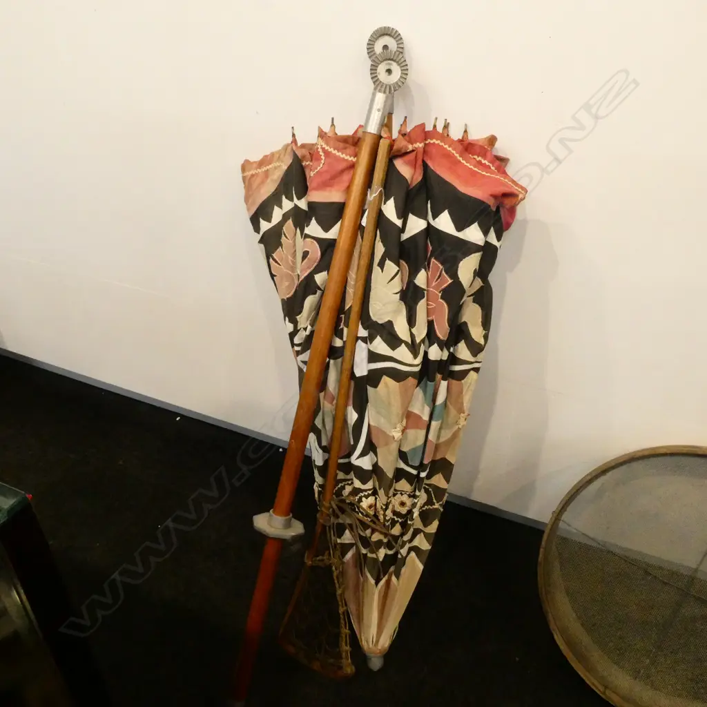 VINTAGE SUN UMBRELLA, OLD LACROSE STICK & VINTAGE GARDEN SIEVE Image 1++