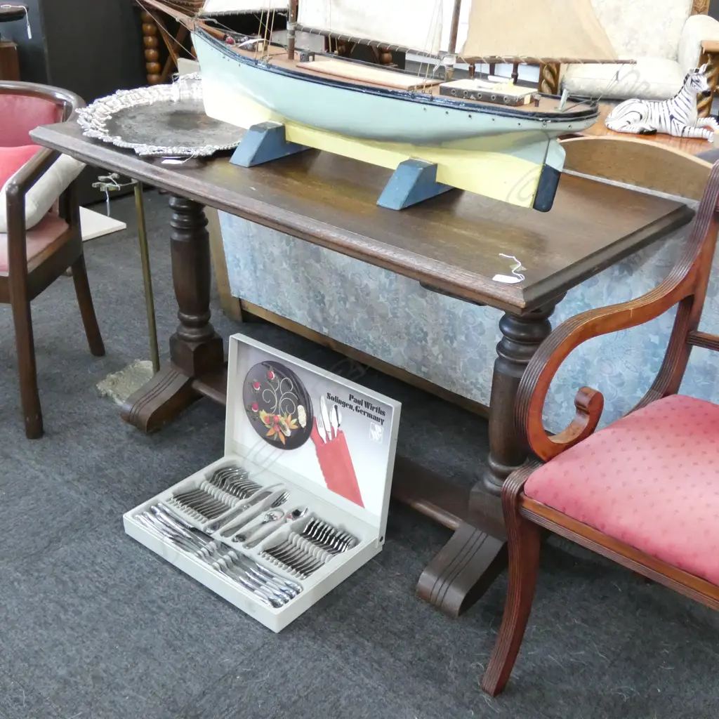 DARK OAK 1930'S REFECTORY SIDE TABLE STRETCHER BASE Image 1++