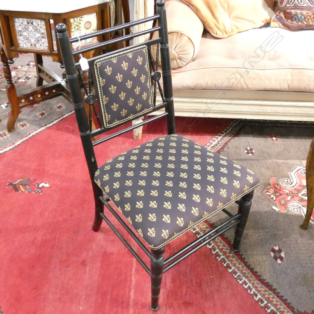 EBONISED SPINDLE BACK SIDE CHAIR UPHOLSTERED IN FLEUR-DE-LYS FABRIC Image 1++