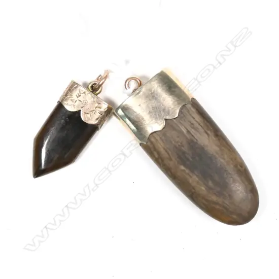 2 NZ COLONIAL 9CT MOUNTED PENDANTS PETRIFIED WOOD ?