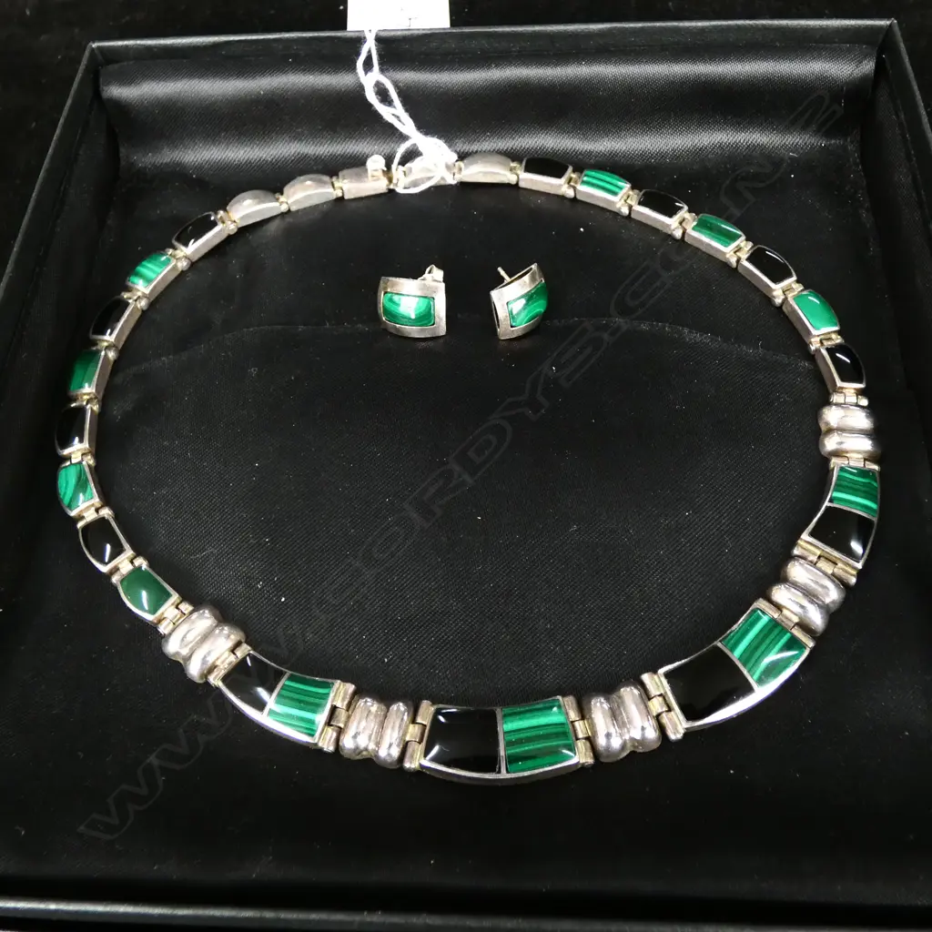 950 MEXICAN SILVER, ONYX & MALACHITE NECKLACE + MATCHING EARRINGS Image 1++