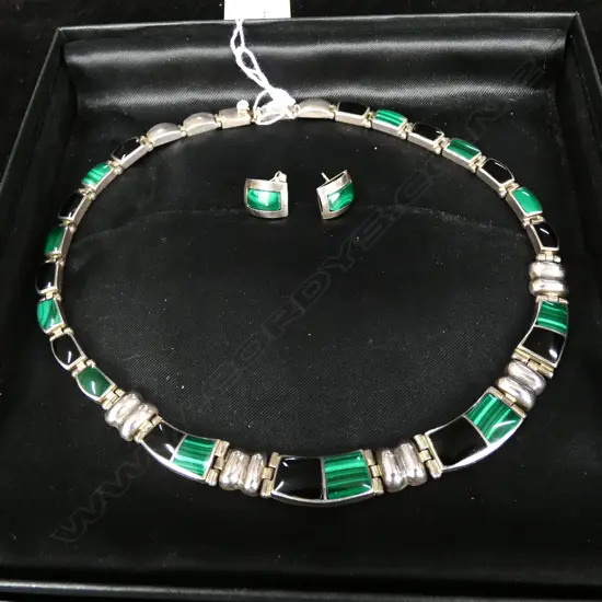950 MEXICAN SILVER, ONYX & MALACHITE NECKLACE + MATCHING EARRINGS
