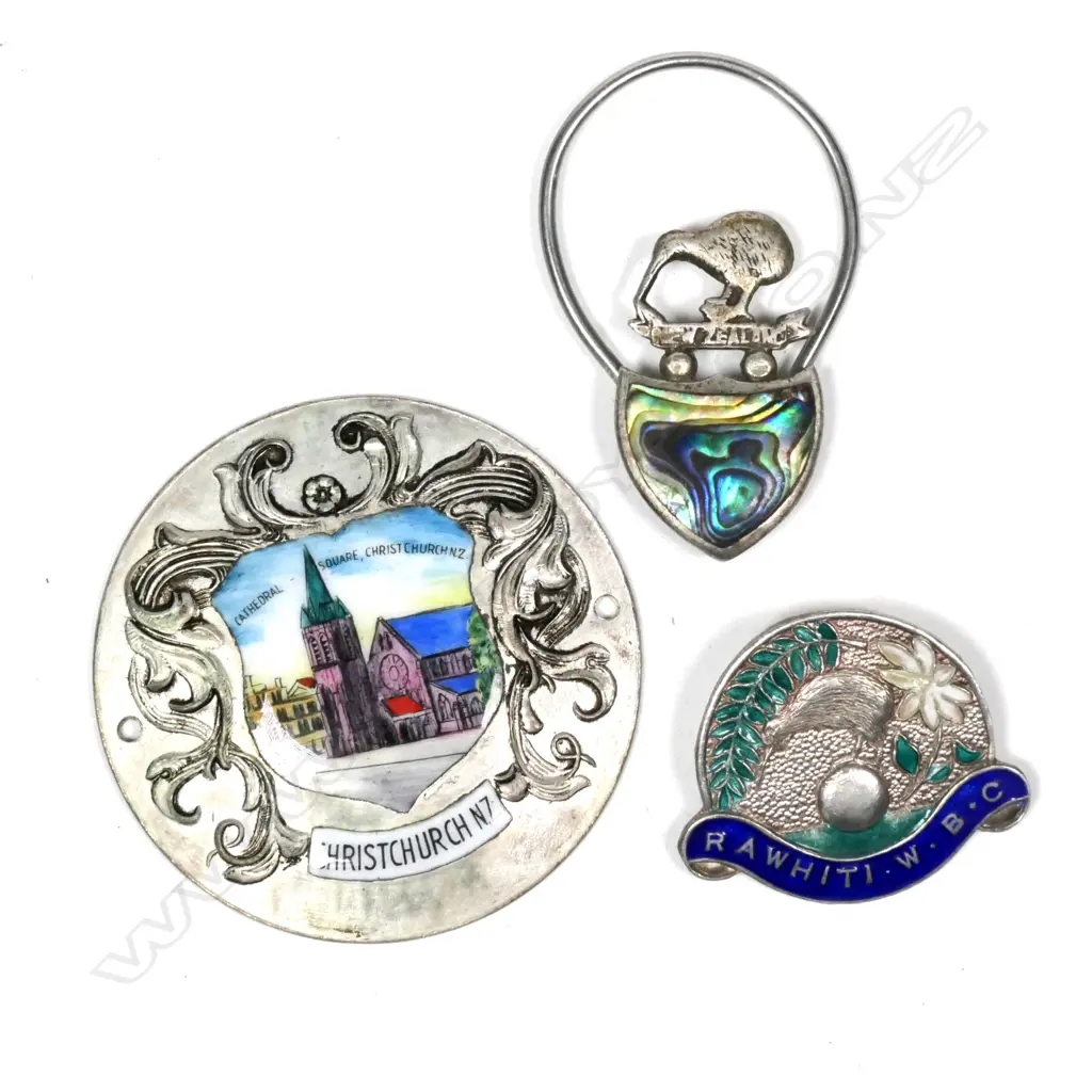 3 NZ PCES. 2 SIILVER ENAMEL & PAUA. 1X CHCH CATHEDRAL Image 1++