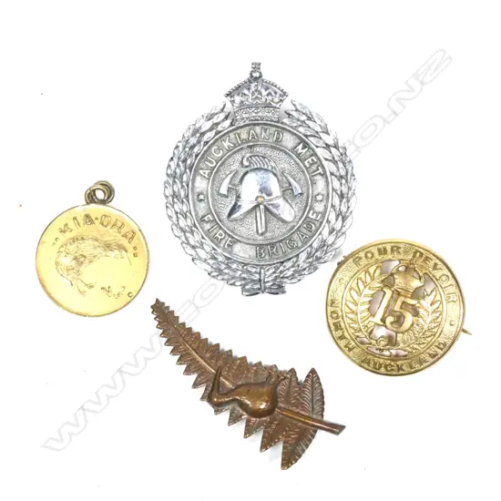 4X NZ BADGES & MEDALLIONS. AUCKLAND FIRE BRIGADE ETC